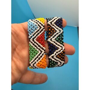 2PC Seed Bead Stretch Bracelet Set Geometric Boho Tribal Wide Cuff Multi Color